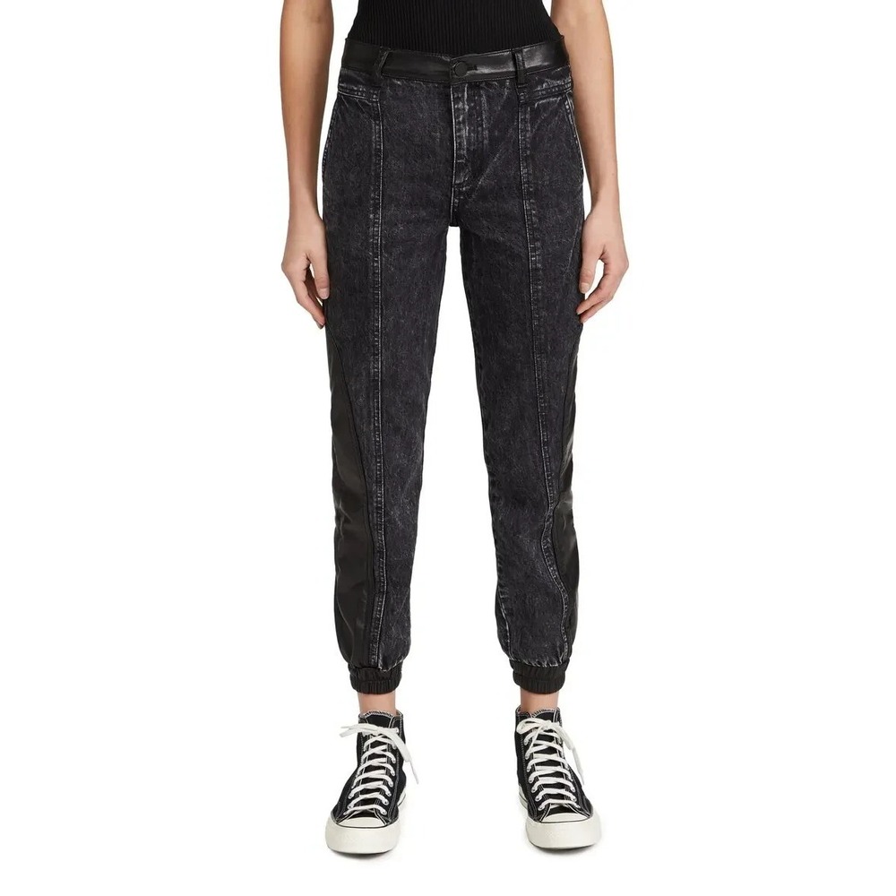 Alice + Olivia Jenny Vegan Leather Combo Jeans Black Acid Wash Women 26 NWT $330